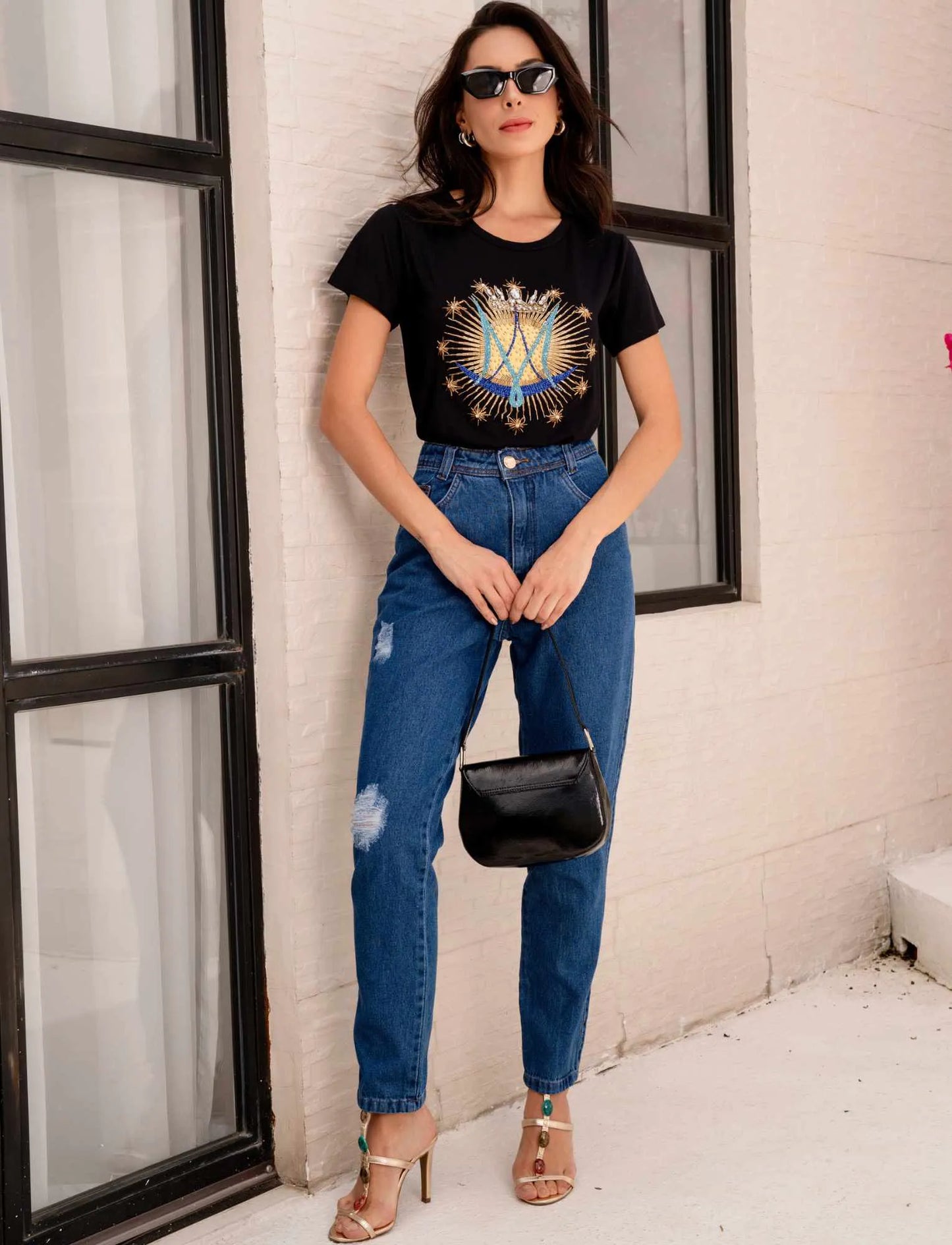 Our Lady Monogram T-Shirt with Hand Embroidered Rhinestones