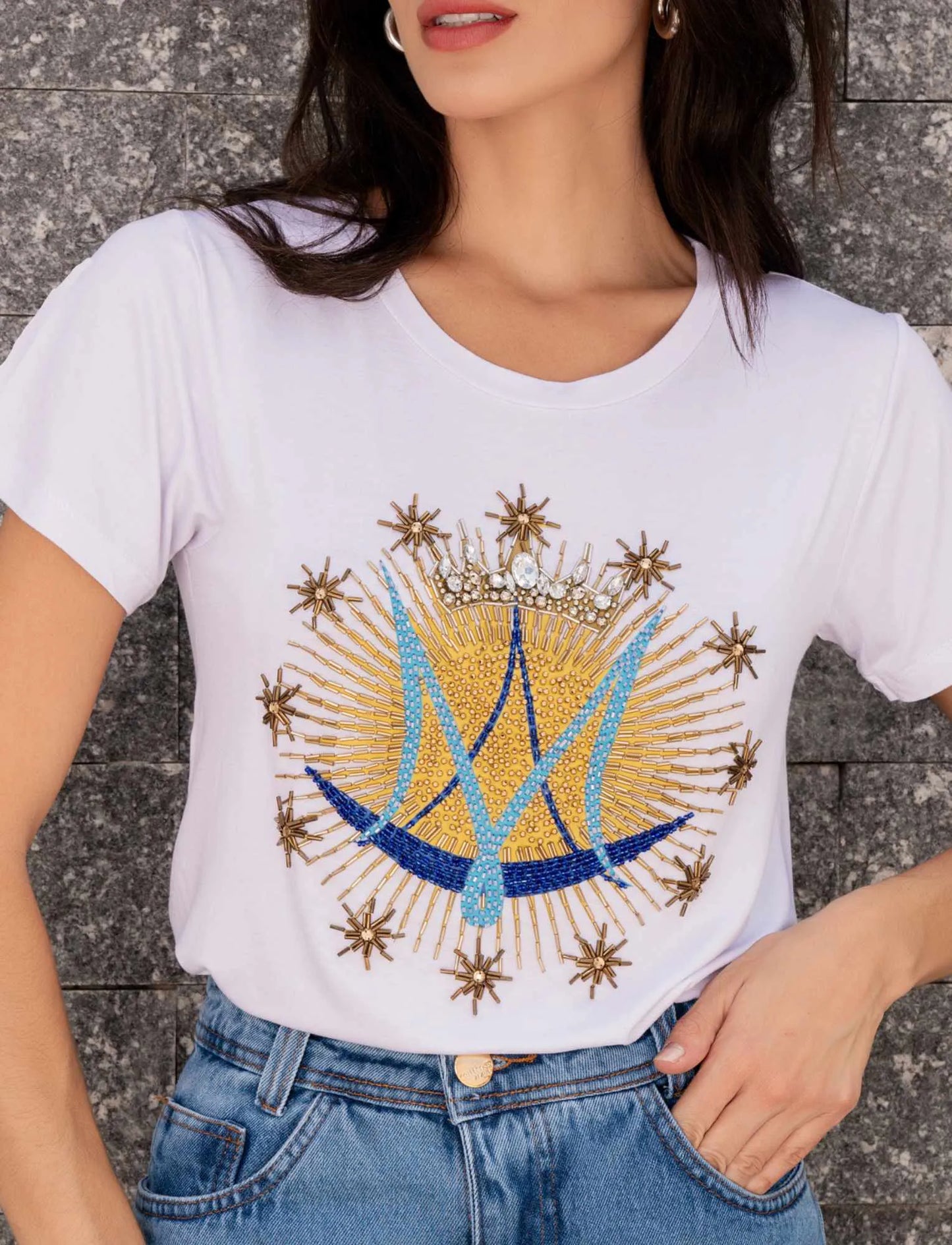 Our Lady Monogram T-Shirt with Hand Embroidered Rhinestones