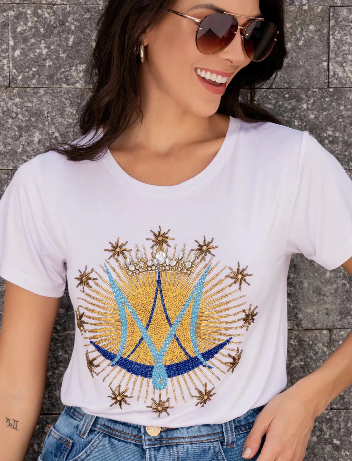 Our Lady Monogram T-Shirt with Hand Embroidered Rhinestones