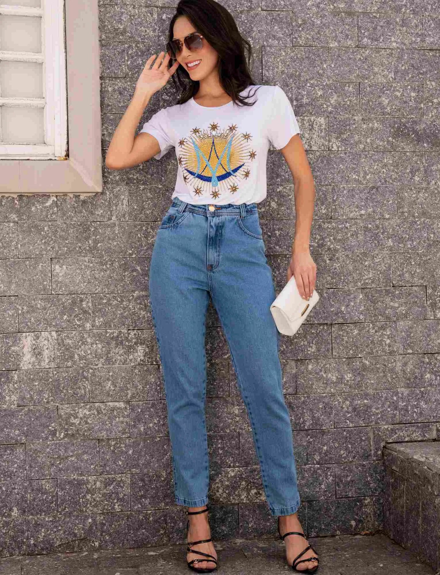 Our Lady Monogram T-Shirt with Hand Embroidered Rhinestones