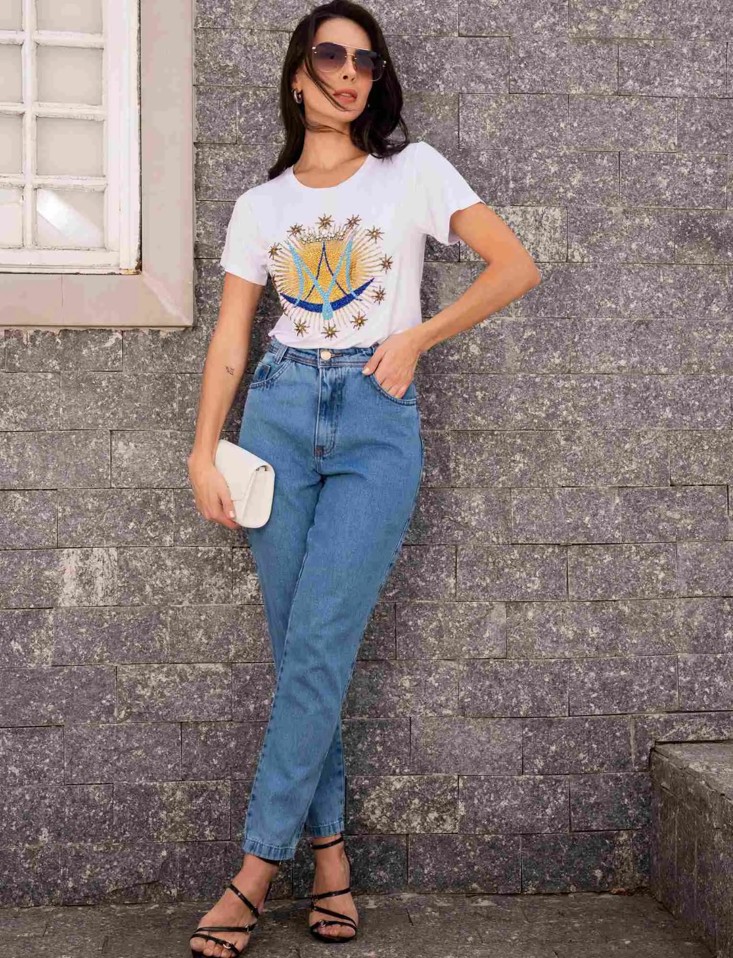 Our Lady Monogram T-Shirt with Hand Embroidered Rhinestones