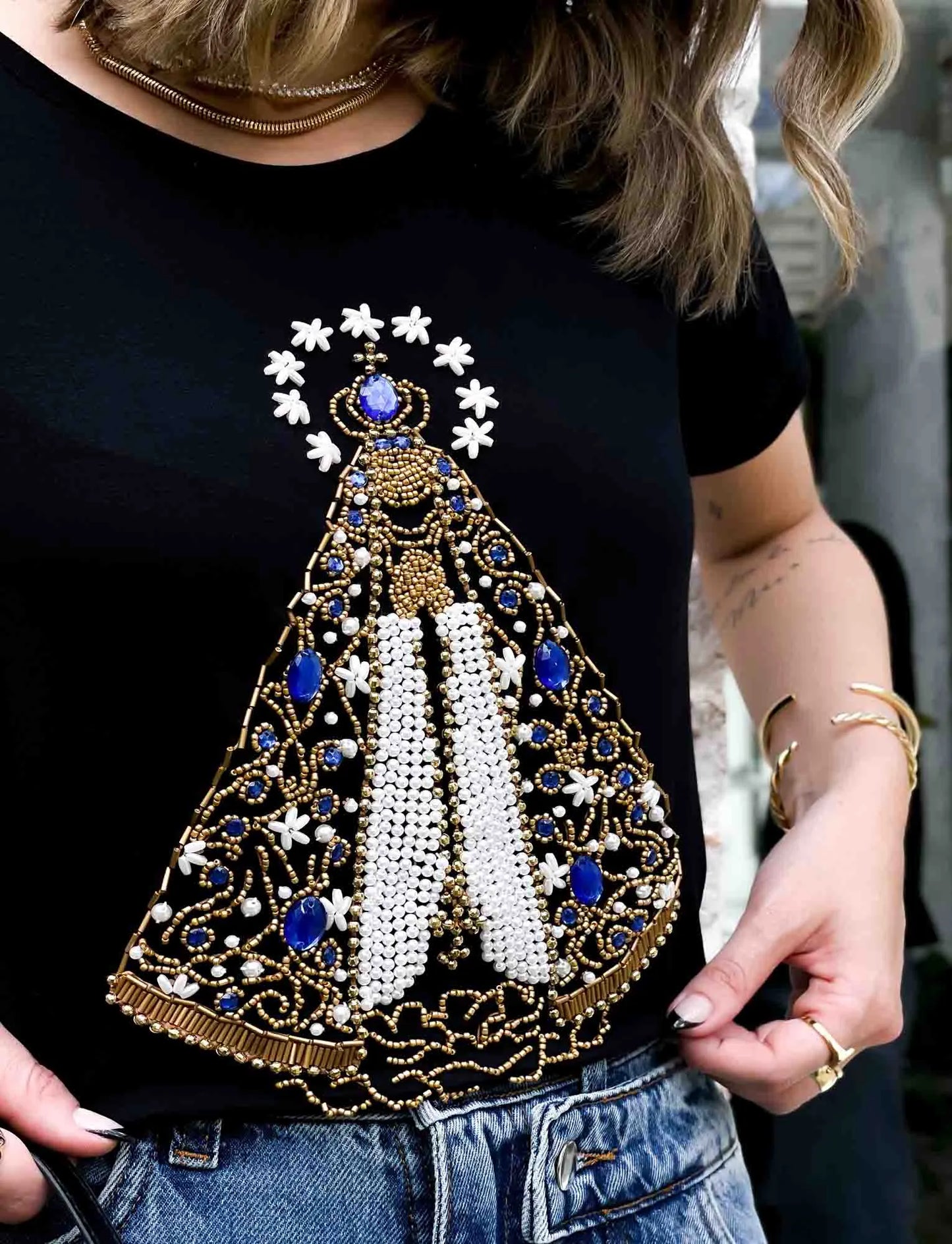 Our Lady of Gold T-Shirt with Hand Embroidered Rhinestones