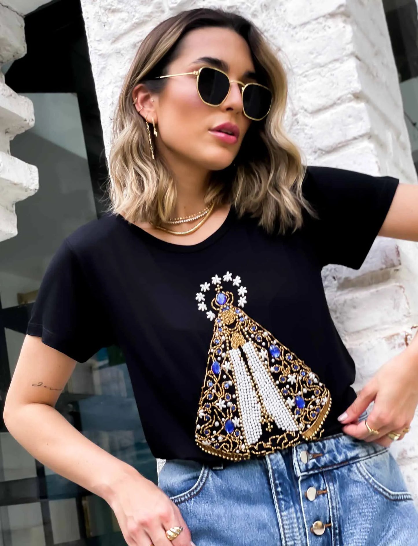 Our Lady of Gold T-Shirt with Hand Embroidered Rhinestones