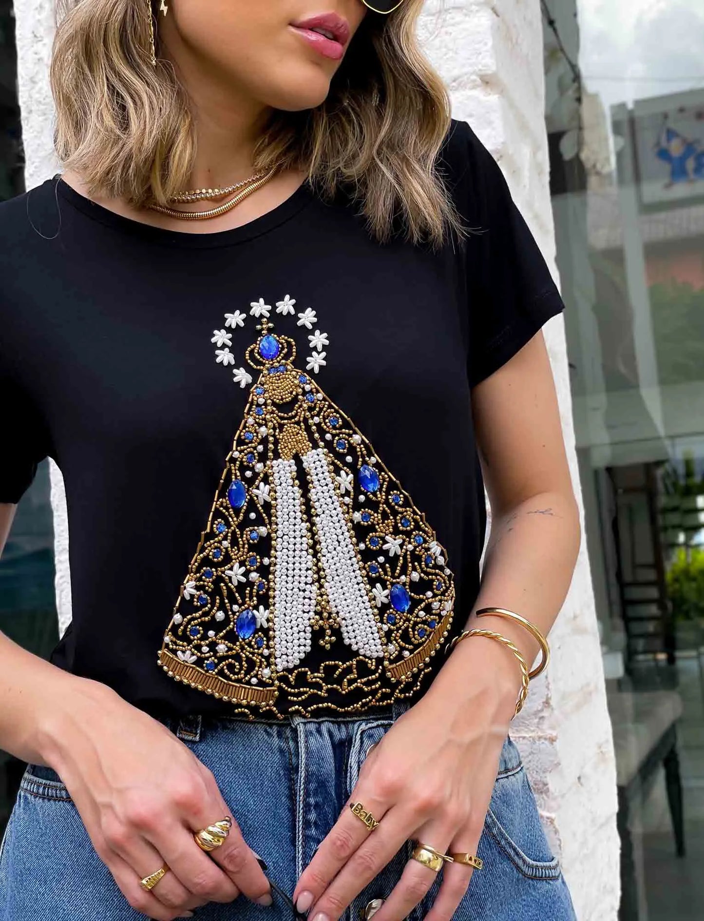 Our Lady of Gold T-Shirt with Hand Embroidered Rhinestones