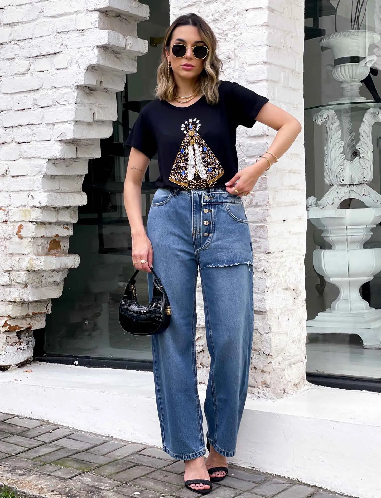 Our Lady of Gold T-Shirt with Hand Embroidered Rhinestones