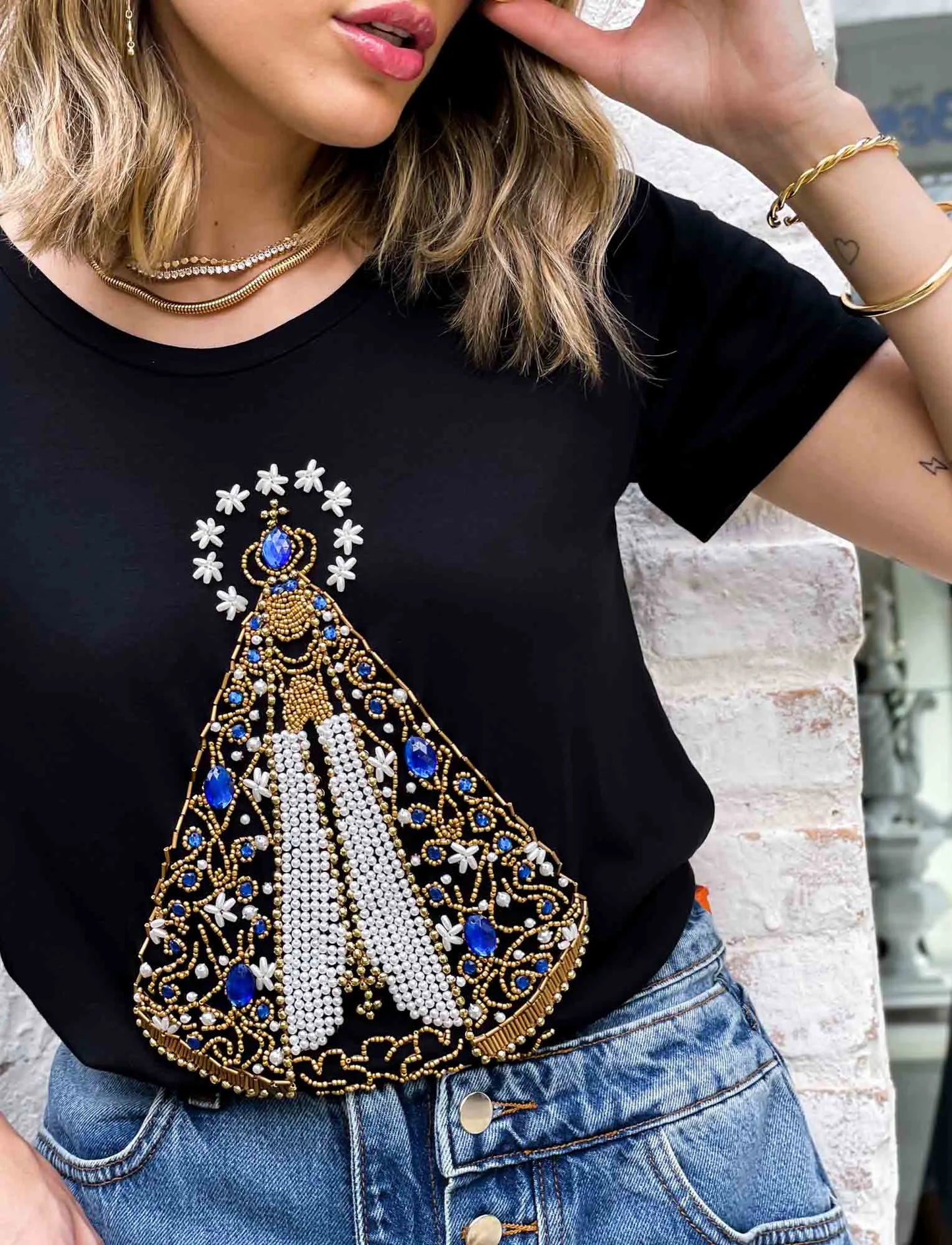 Our Lady of Gold T-Shirt with Hand Embroidered Rhinestones