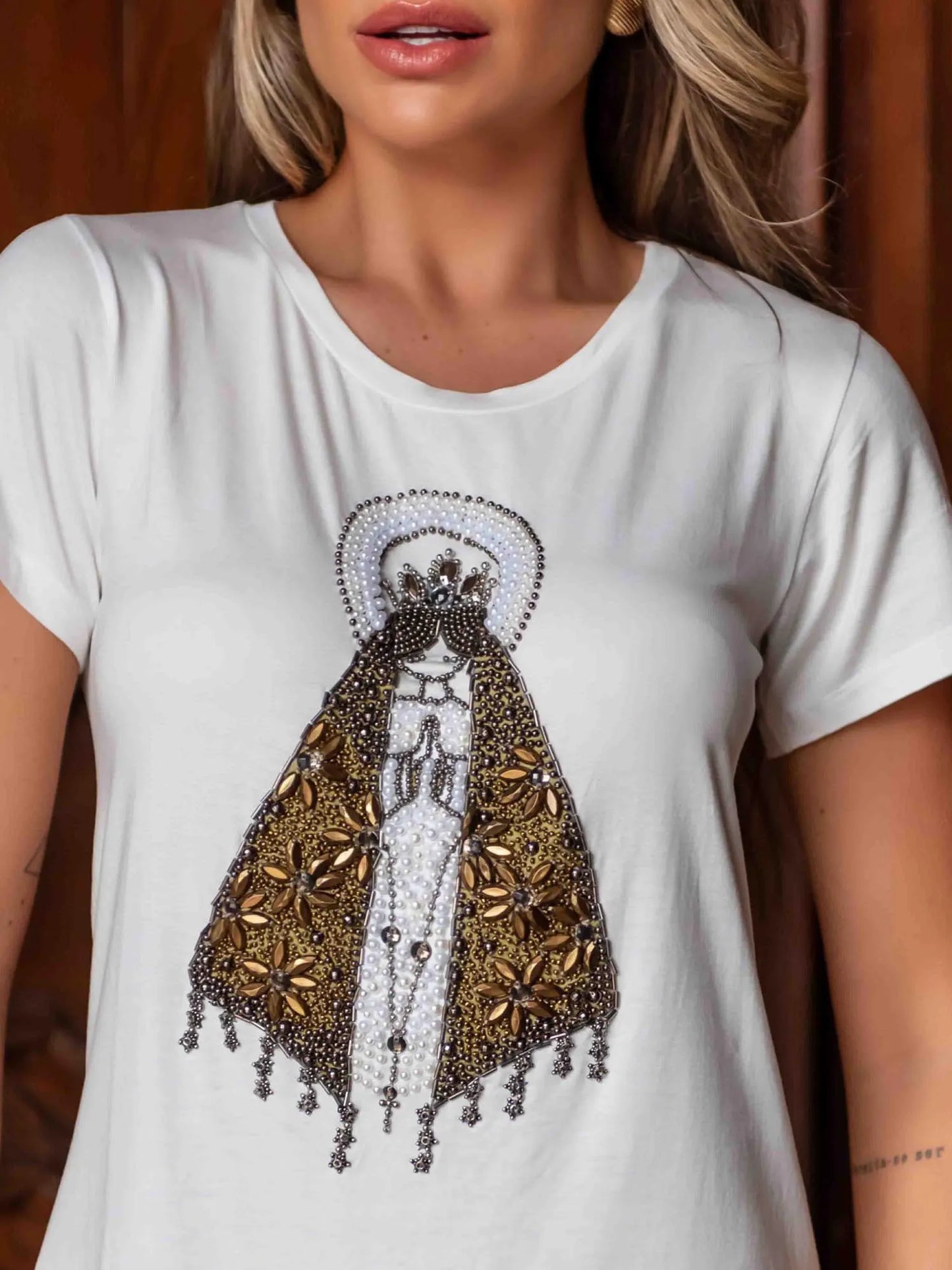 Our Lady Floral Robe T-Shirt with Hand Embroidered Rhinestones