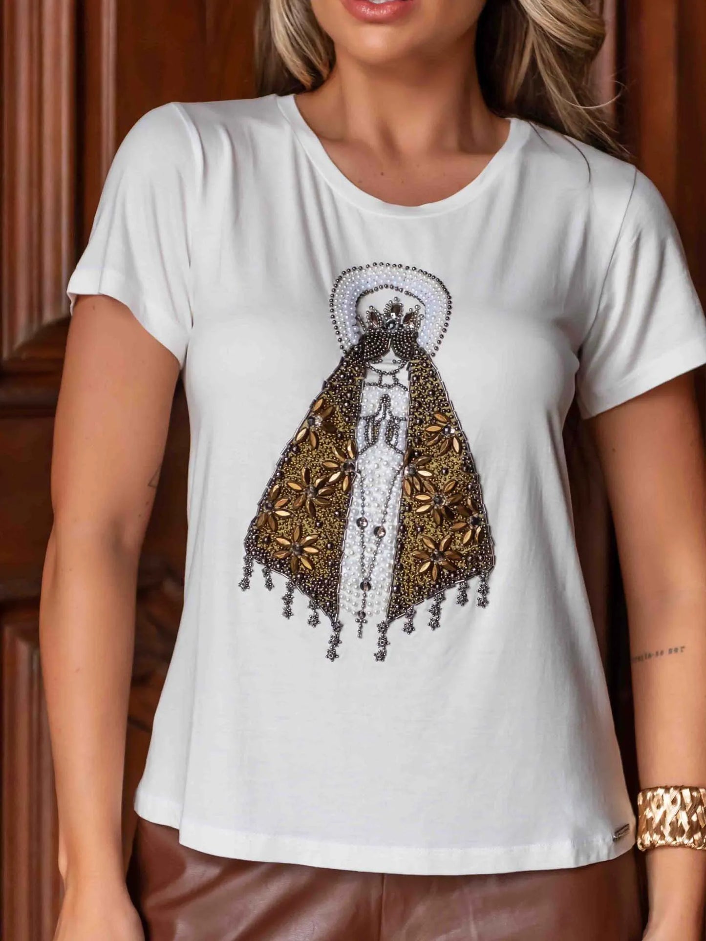 Our Lady Floral Robe T-Shirt with Hand Embroidered Rhinestones