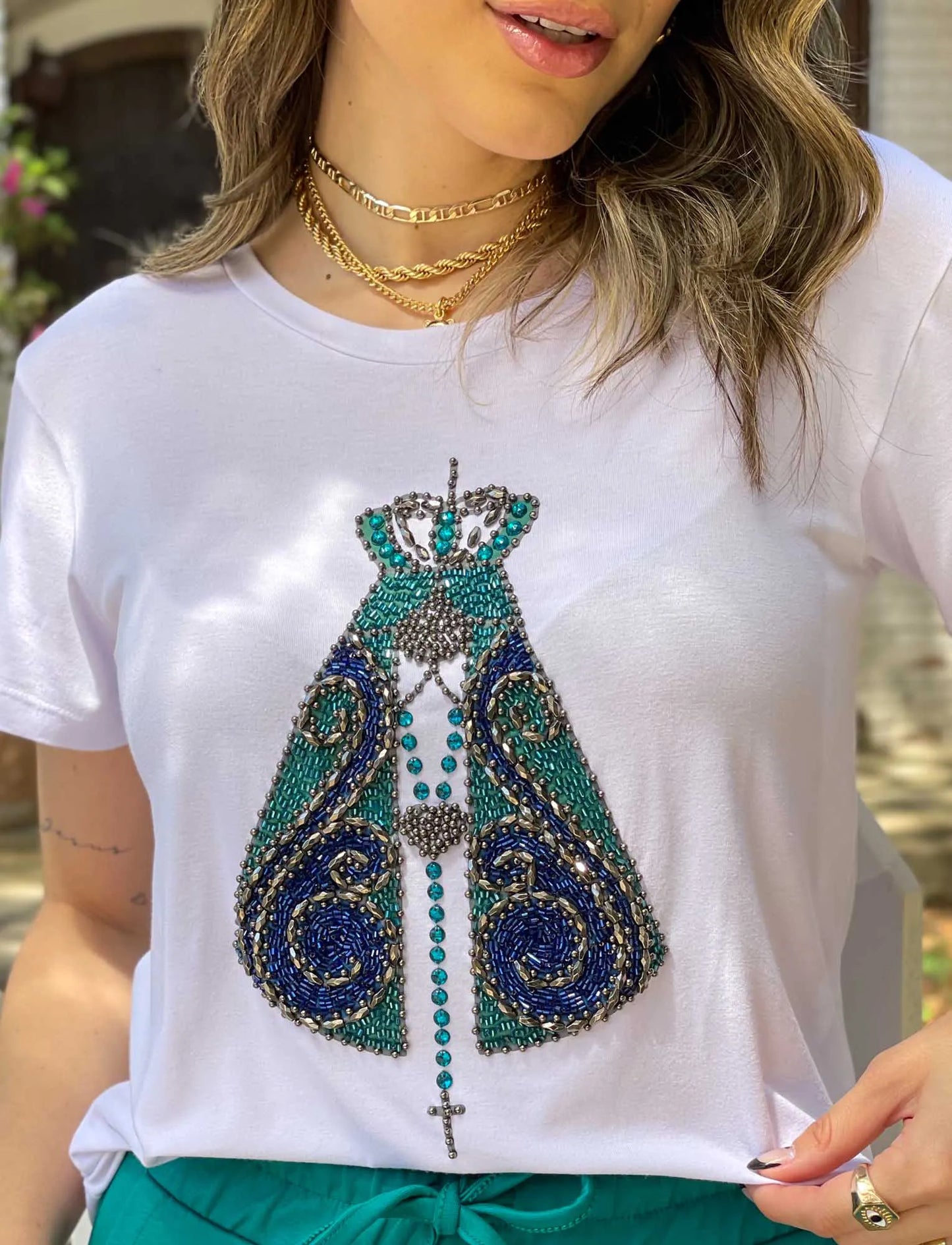 Our Lady Rosary T-Shirt with Hand Embroidered Rhinestones