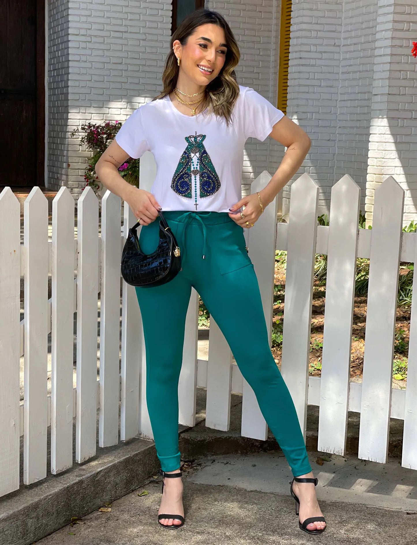 Our Lady Rosary T-Shirt with Hand Embroidered Rhinestones