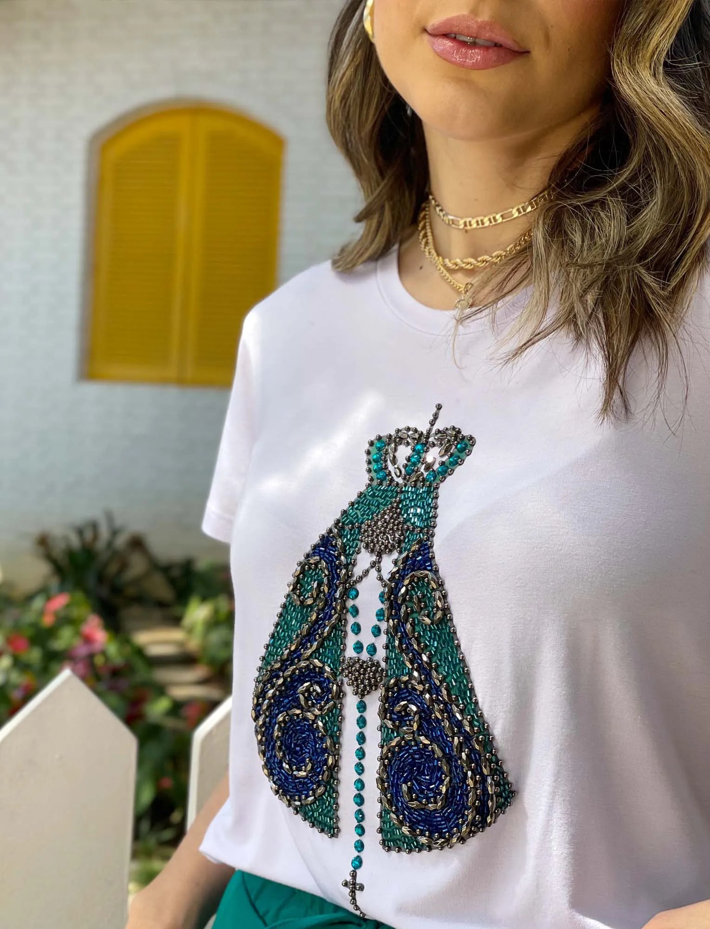 Our Lady Rosary T-Shirt with Hand Embroidered Rhinestones