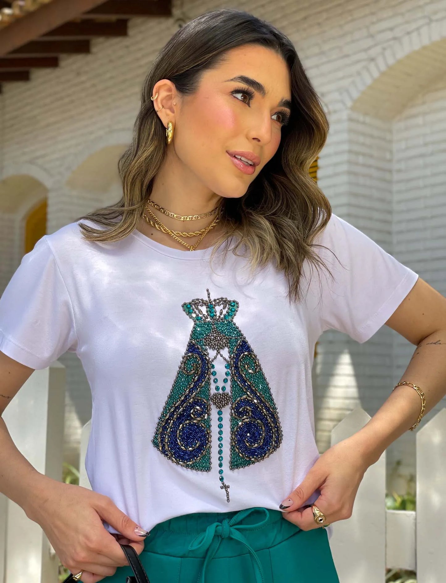 Our Lady Rosary T-Shirt with Hand Embroidered Rhinestones