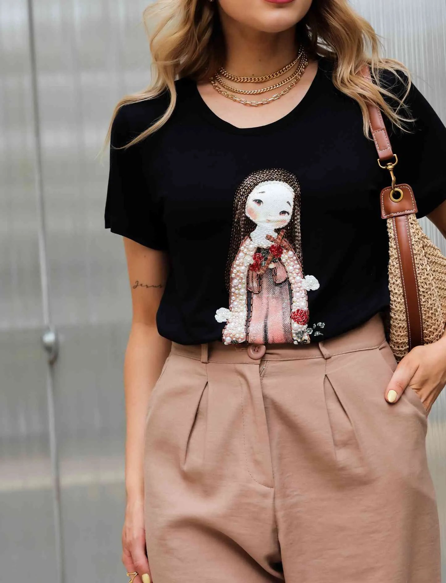 Saint Therese Pearl T-Shirt with Hand Embroidered Rhinestones