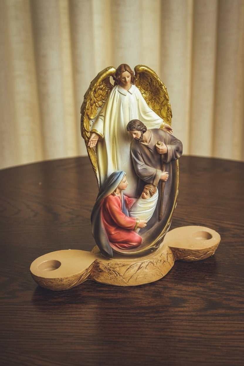 Imagem Sagrada Família com Anjo e Castiçal – 23cm (Resina)