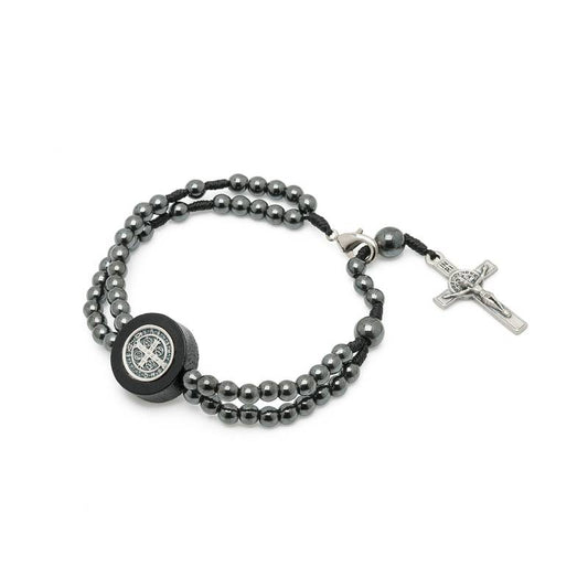 Pulseira Terço em Hematita com Cruz de São Bento Mini