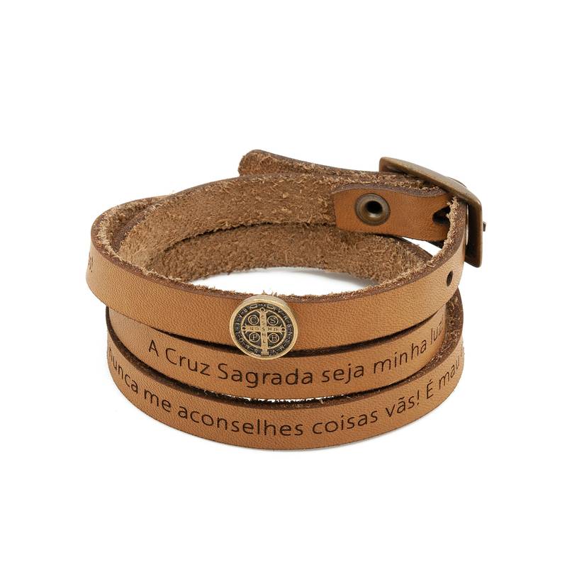 Pulseira de Couro Caramelo – Oração de São Bento