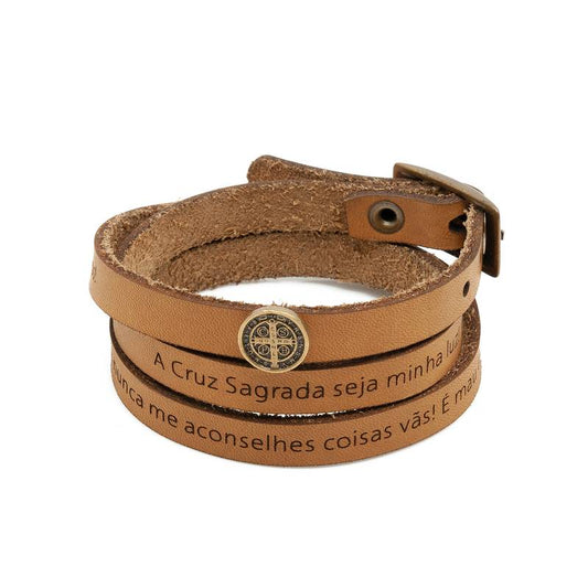 Pulseira de Couro Caramelo – Oração de São Bento