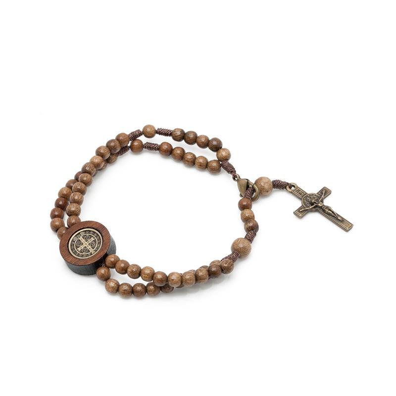 Pulseira Terço em Madeira com Cruz de São Bento Mini