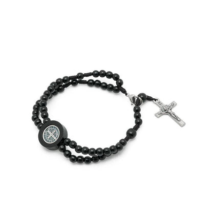 Pulseira Terço em Madeira com Cruz de São Bento Mini