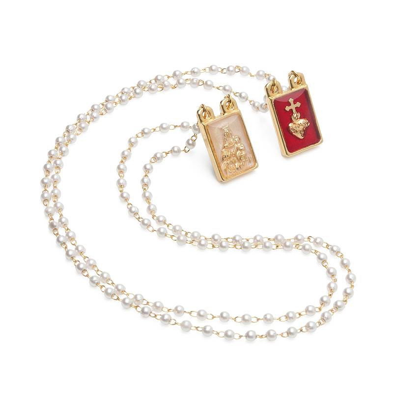 Escapulário do Sagrado Coração de Jesus e Nossa Senhora do Carmo – Pérolas Douradas