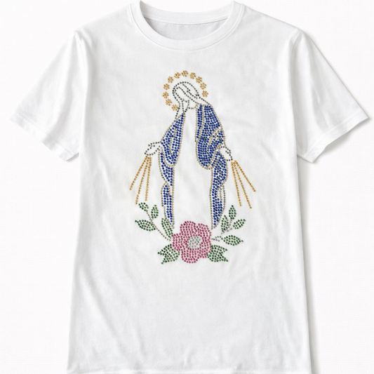 Camiseta Nossa Senhora com Pedrarias – Iluminar com Maria (Unisex)