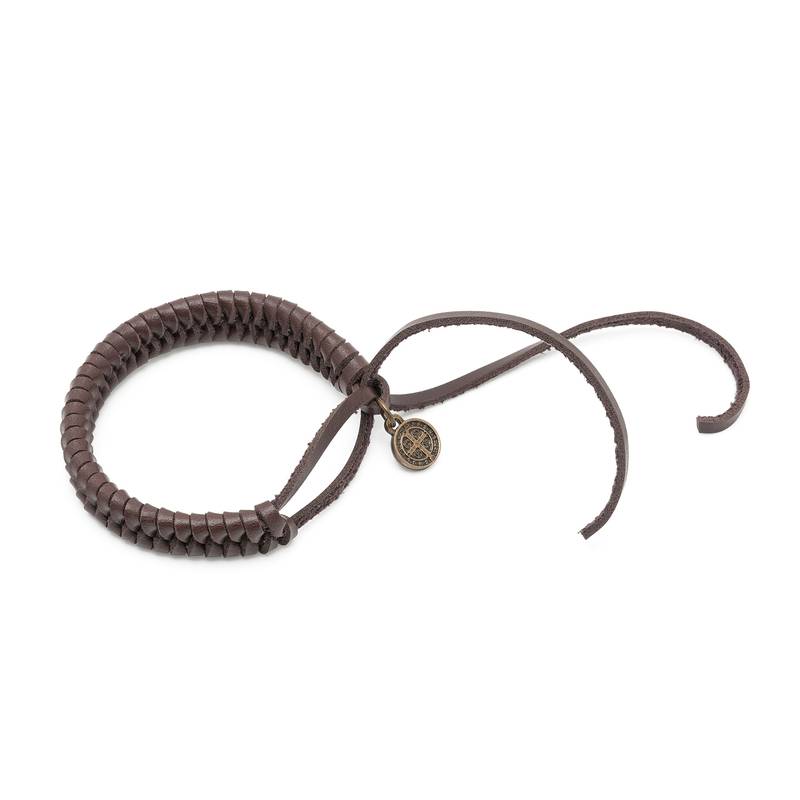 Pulseira São Bento em Couro Trançado – Marrom Escuro (Regulável)