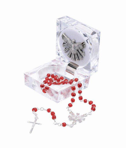 Lembrança de Crisma – Caixa Acrílica com Terço de Miçangas Vermelhas