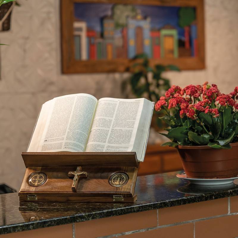 St. Benedict Wooden Bible Stand with Crucifix