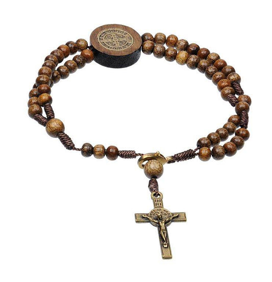 Pulseira Terço em Madeira com Cruz de São Bento Mini
