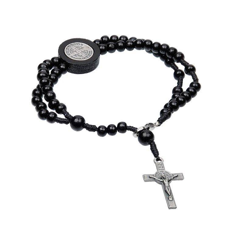 Pulseira Terço em Madeira com Cruz de São Bento Mini