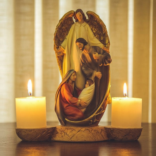 Imagem Sagrada Família com Anjo e Castiçal – 23cm (Resina)