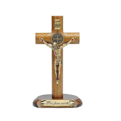 Crucifixo de Mesa em Madeira com Medalha de São Bento – 12 cm
