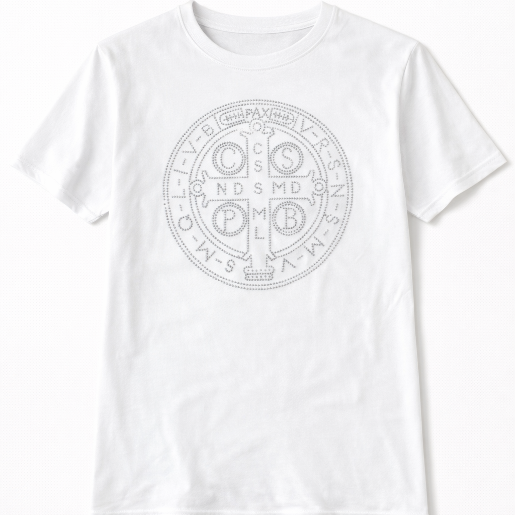 Camiseta Medalha de São Bento – Proteção em Strass (Unisex)