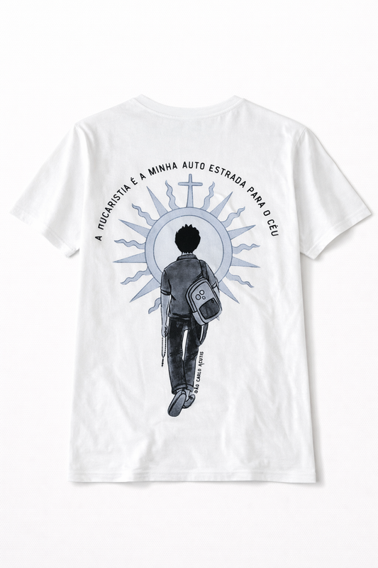 Camiseta Carlo Acutis – A Eucaristia é minha estrada para o Céu (Unisex)