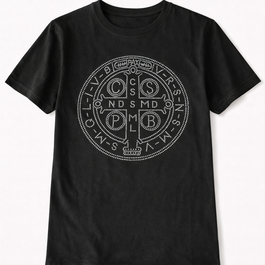 Camiseta Medalha de São Bento – Proteção em Strass (Unisex)
