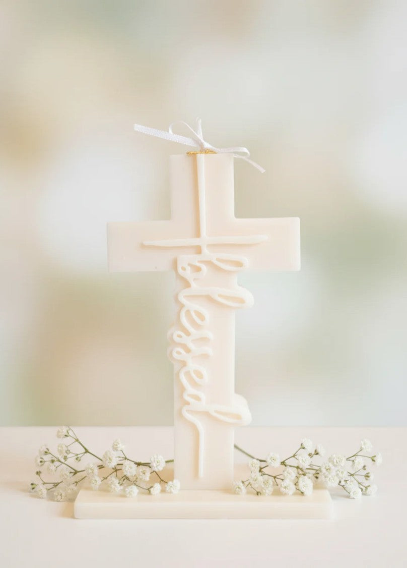 Decorative Cross Candle "Blessed" – Faith and Blessing
