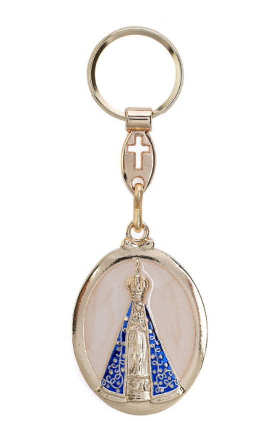 Chaveiro Nossa Senhora Aparecida Dourado com Resina Pérola