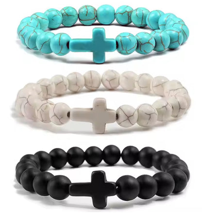 Pulseira Cristã com Cruz em Pedra Natural – Várias Cores