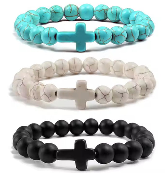 Pulseira Cristã com Cruz em Pedra Natural – Várias Cores