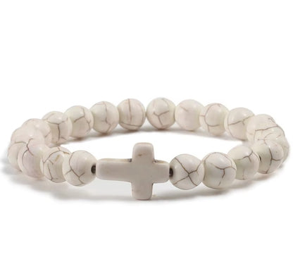 Pulseira Cristã com Cruz em Pedra Natural – Várias Cores