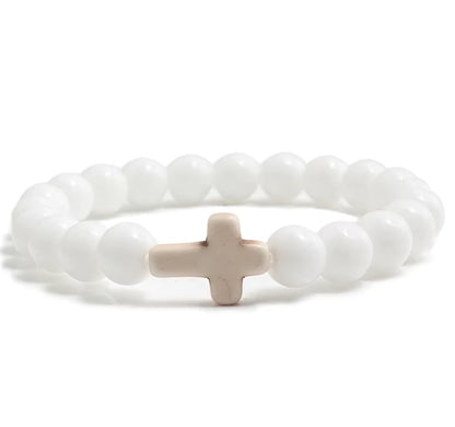 Pulseira Cristã com Cruz em Pedra Natural – Várias Cores