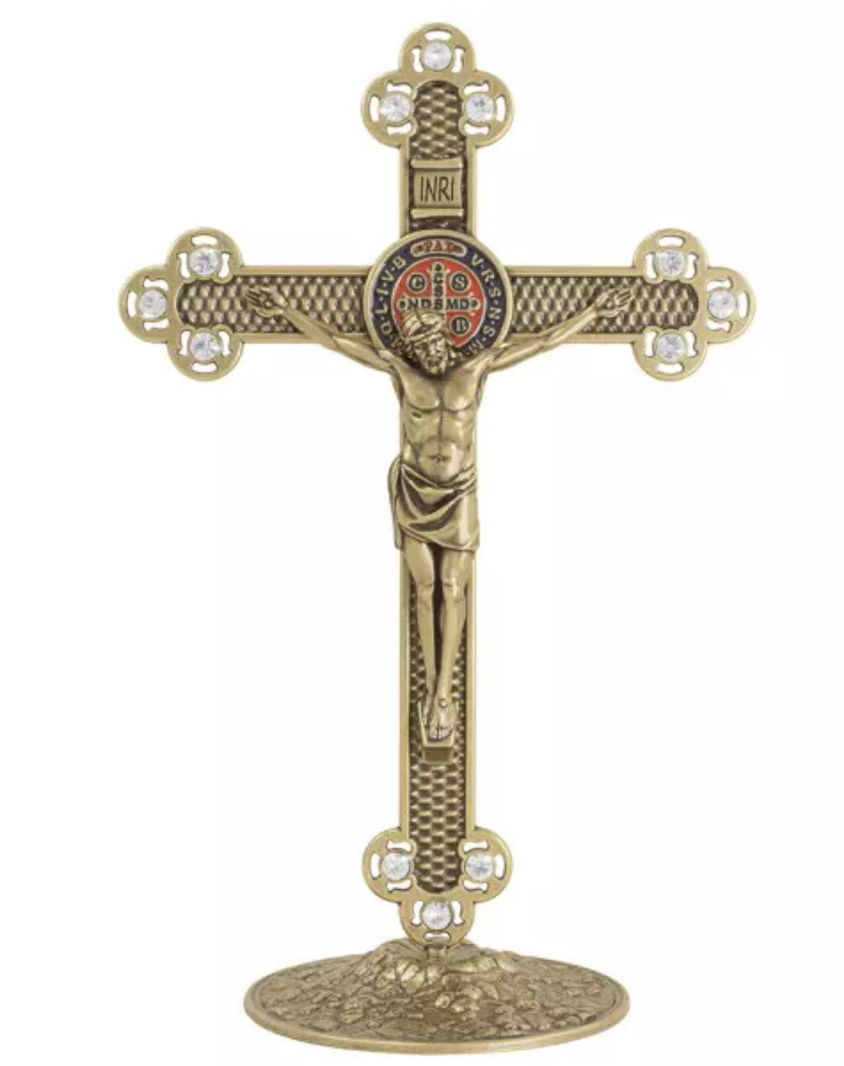 Crucifijo con Medalla de San Benito Oro Viejo – 25 cm (con Strass)