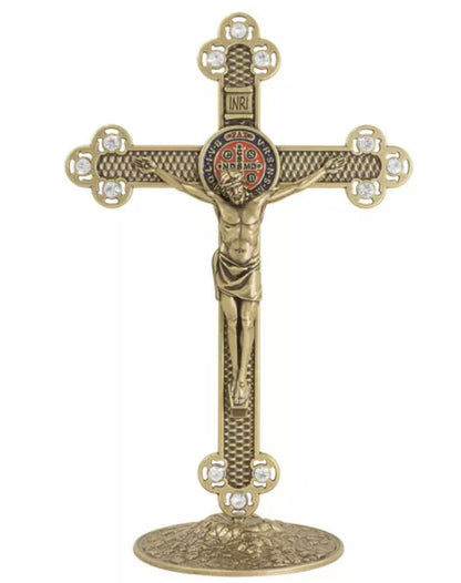 Crucifijo con Medalla de San Benito Oro Viejo – 25 cm (con Strass)