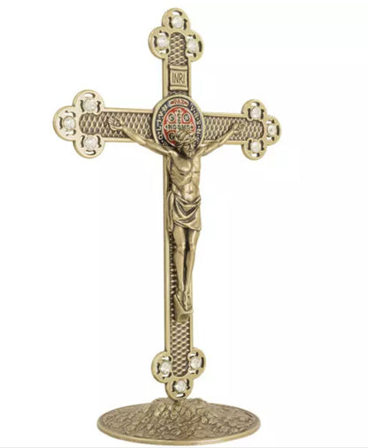 Crucifijo con Medalla de San Benito Oro Viejo – 25 cm (con Strass)