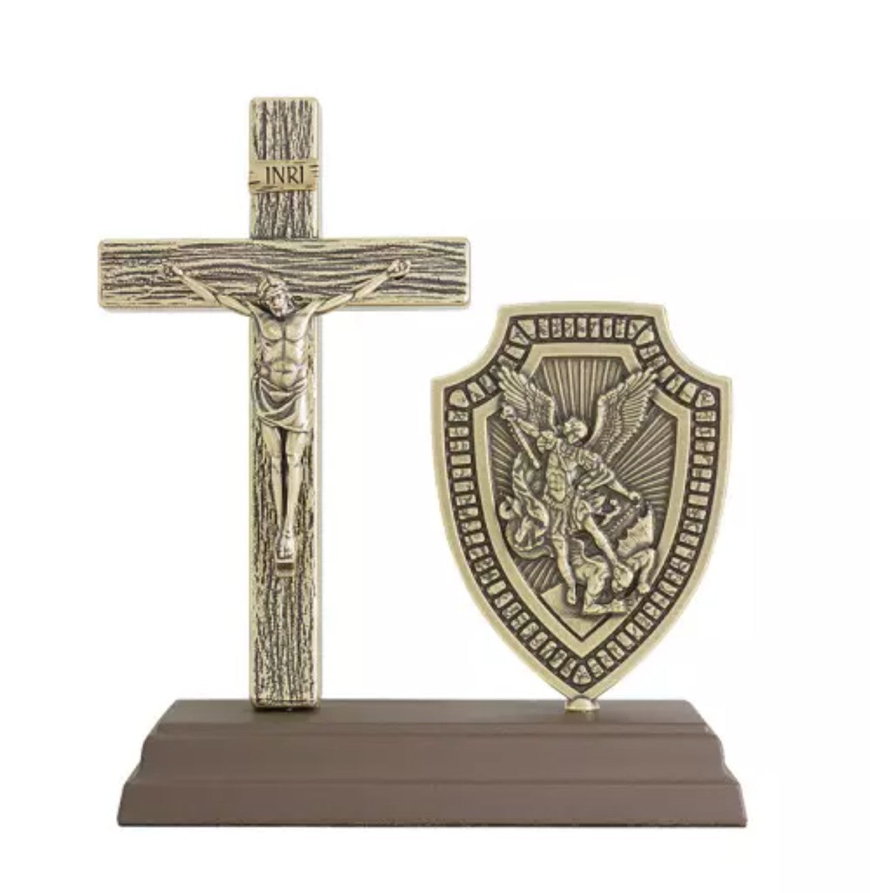 Oratorio Crucifijo con San Miguel Arcángel – Oro Viejo | 15 cm