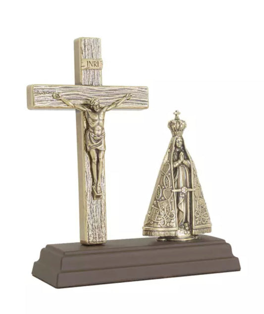 Oratório Crucifixo com Nossa Senhora Aparecida – Ouro Velho | 15 cm