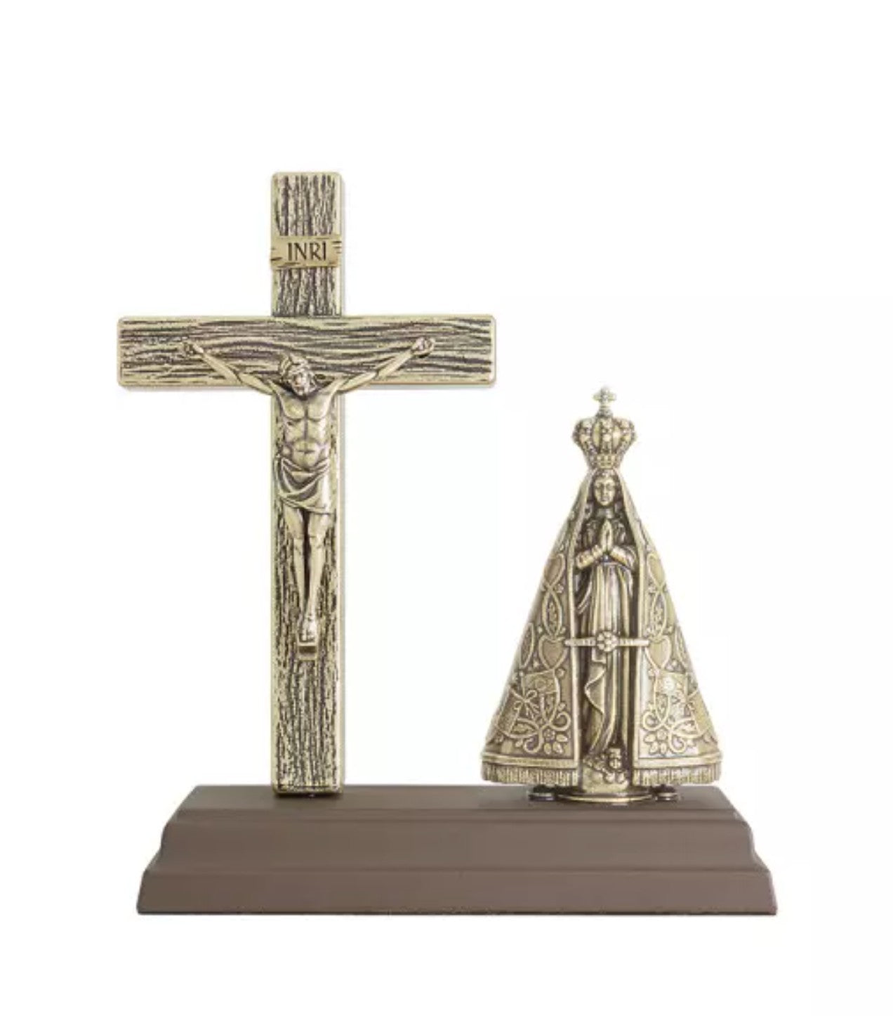 Crucifix Oratory with Our Lady of Aparecida – Aged Gold | 15 cm