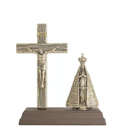 Crucifix Oratory with Our Lady of Aparecida – Aged Gold | 15 cm
