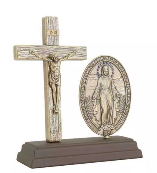 Oratório Crucifixo com Nossa Senhora das Graças – Ouro Velho | 15 cm