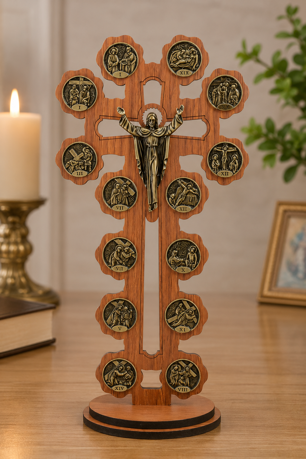 Crucifixo de Mesa Via Sacra em MDF – 32 cm